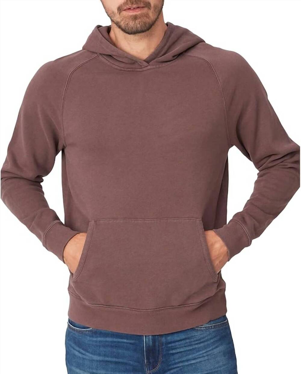 NEW PAIGE royce long sleeve hooded pullover sweatshirt in vintage seal brown
